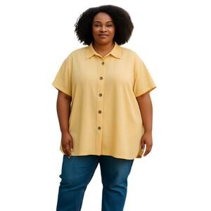 Blue Fish Vintage Linen Button Up Tunic 1999 Shirt Lagenlook Butter Yellow XXL